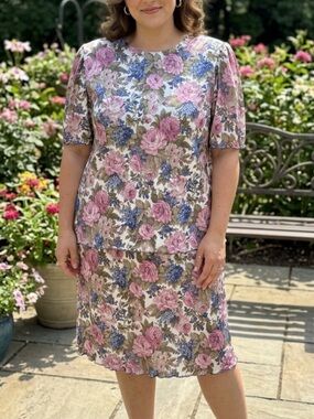 Vintage Good Times Pink Rose Floral Layered Midi Dress Plus Size 18 USA
